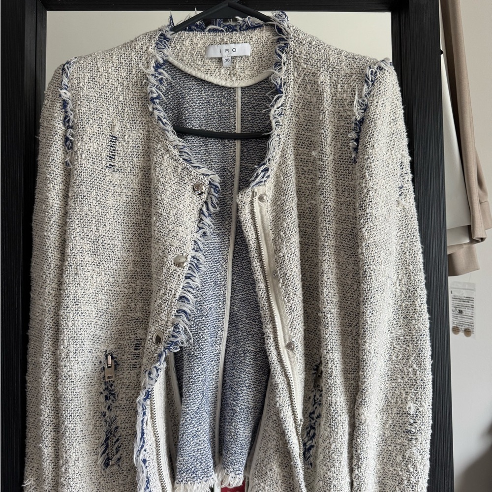 IRO Cream and Blue Cardigan with Fringe Trim